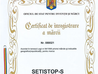 Certificat de inregistrare a marcii SETISTOP-S (solutie ignifuga) la OSIM